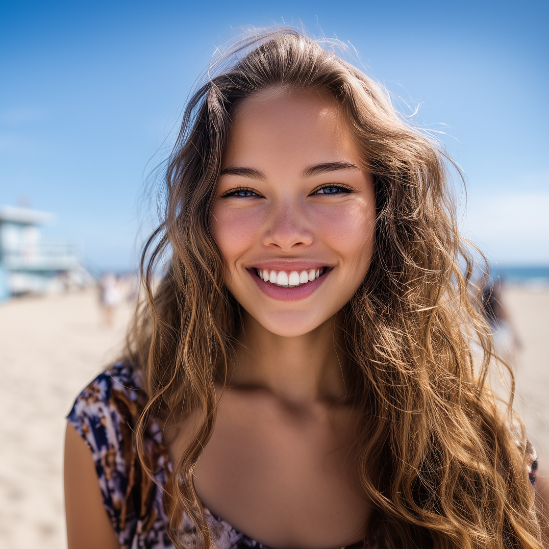 A smiling person with long, wavy hair stands on a sunny, sandy beach with a blue sky background.