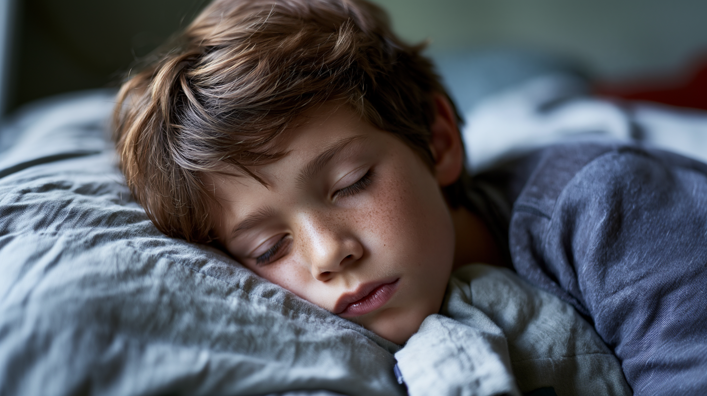 Sleeping child resting on a gray pillow under a dark blanket.