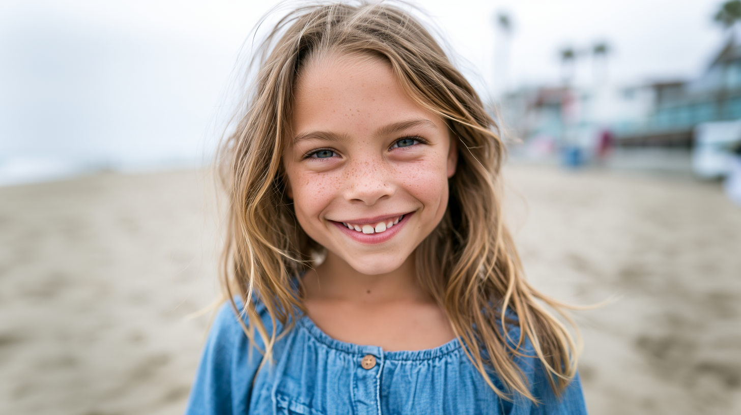 Smiling child in a blue top on a sandy beach with a blurred pier in the background