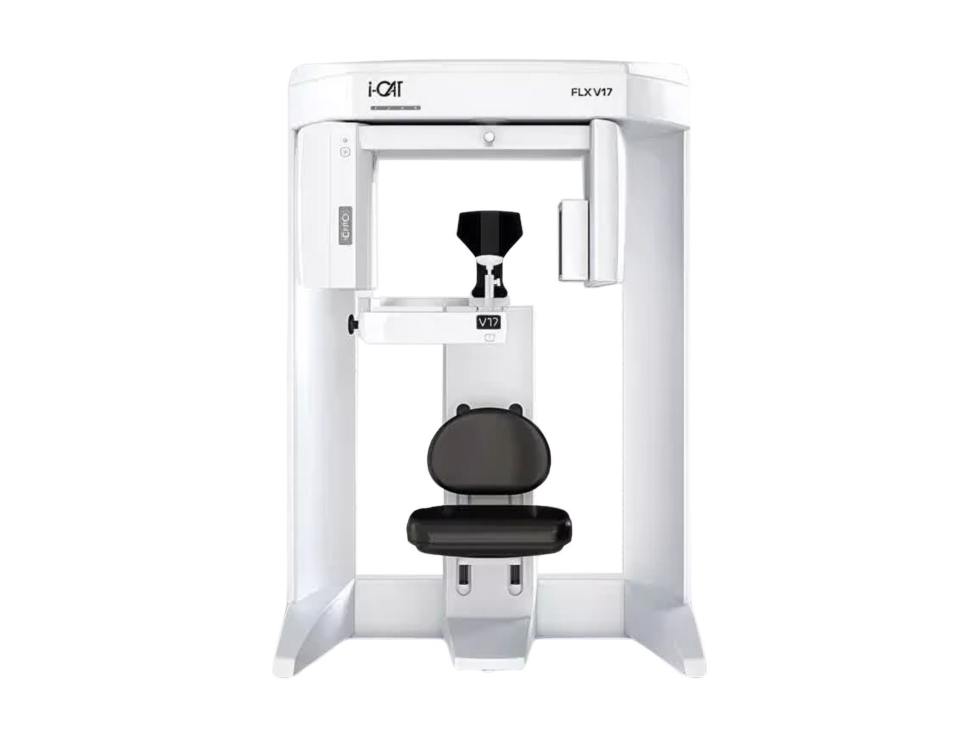 White ophthalmic imaging machine with an exam chair in front, used for eye tests