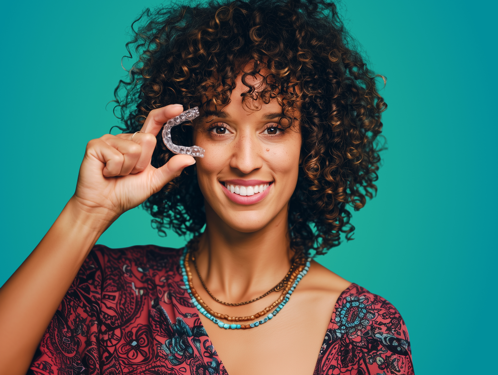 Smiling person holds a crescent moon-shaped earring near their face against a teal background.
