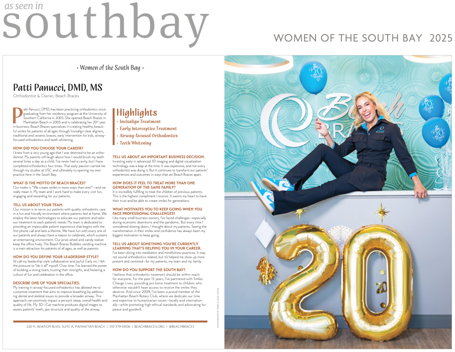 Magazine spread showing a woman seated with gold “20” balloons on the cover of Southbay Women of the South Bay 2025
