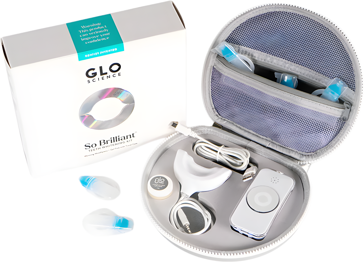 GLO teeth whitening kit with white case, device, charger, and box on a white background