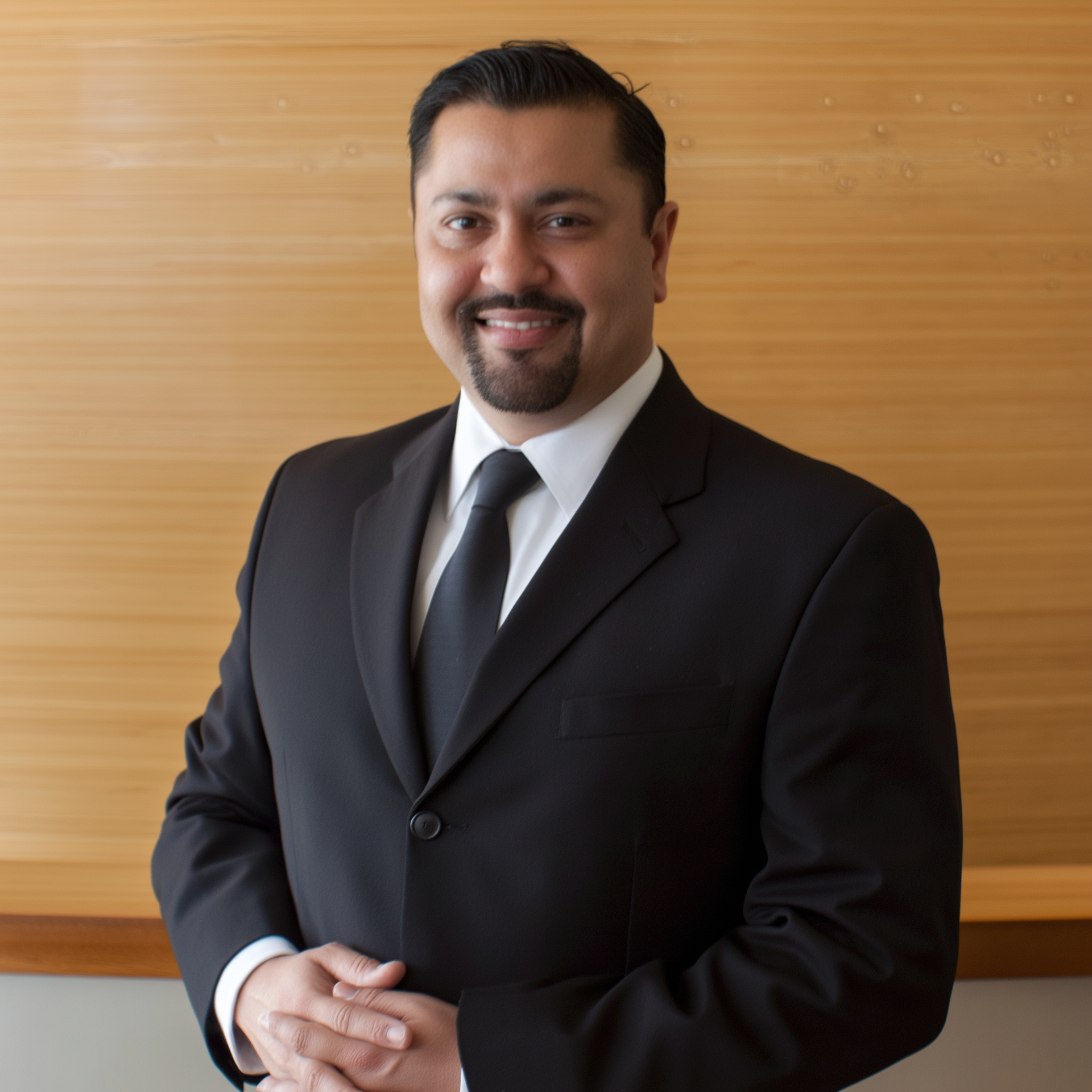 Man in a dark suit and tie smiling indoors against a wood-paneled wall
