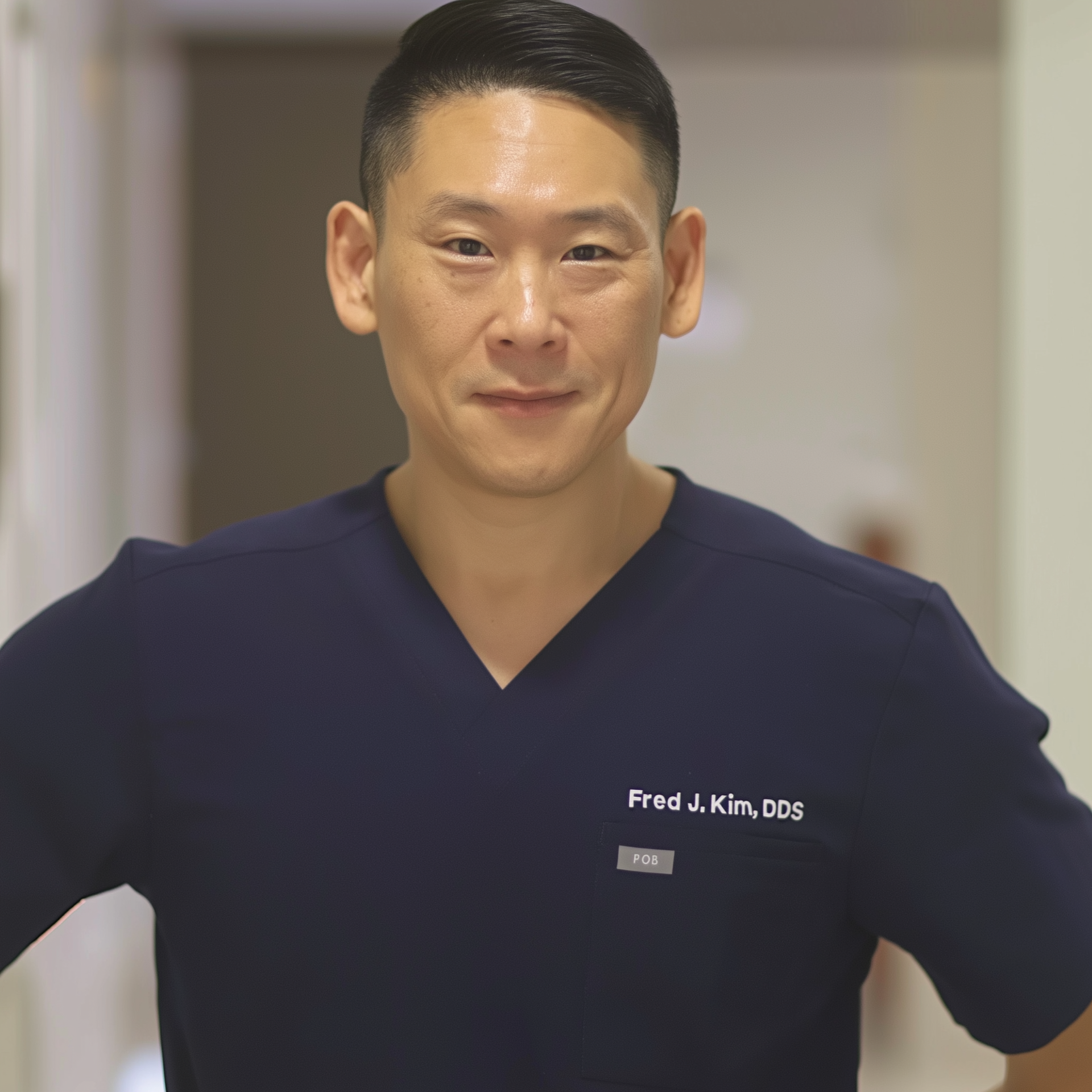 Person in navy medical scrubs standing indoors with hands on hips and a slight smile.
