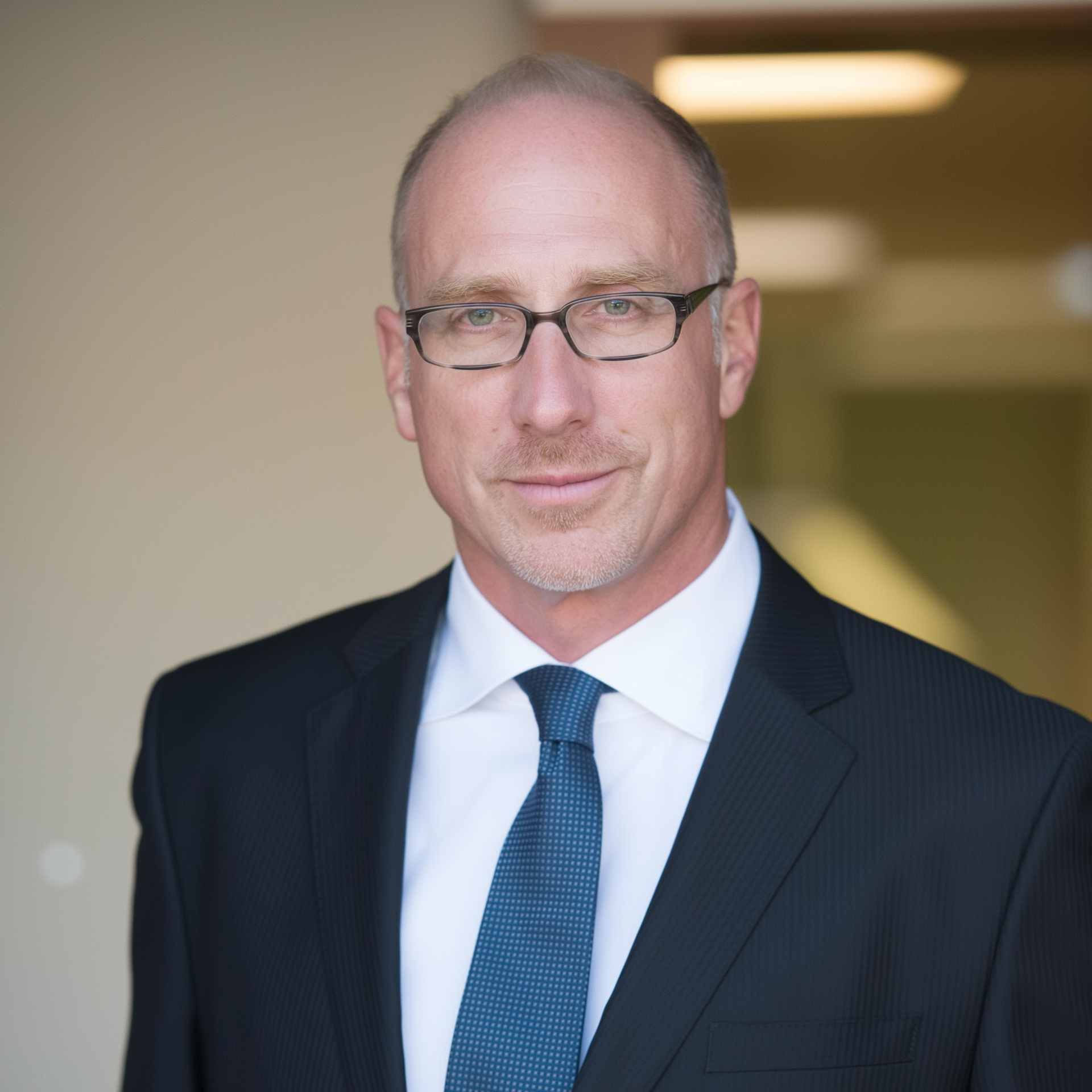Portrait of a man in a dark suit, blue tie, and glasses, standing indoors with a blurred background