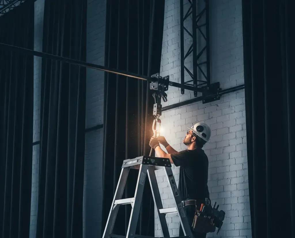 Stage technician on a ladder, replacing a light bulb on a theater rig.