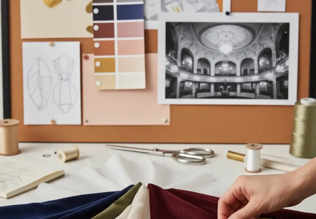 Mood board with fabric swatches, sewing tools, and theater photo. Hand selects fabric color.