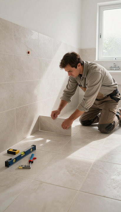 Worker kneeling on a tiled floor, installing a tile in a bright bathroom.