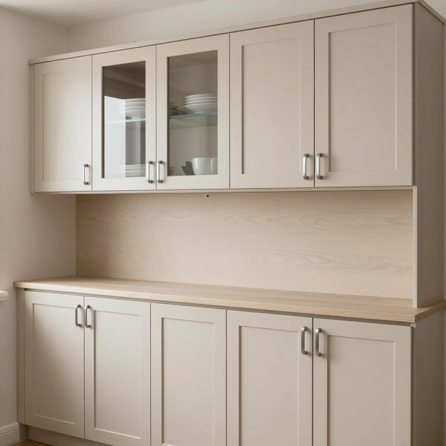 Built-in beige cabinets with glass-front upper doors and wood countertop against a light wall.