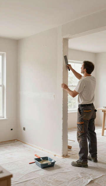 Person painting a white wall in a bright room under renovation