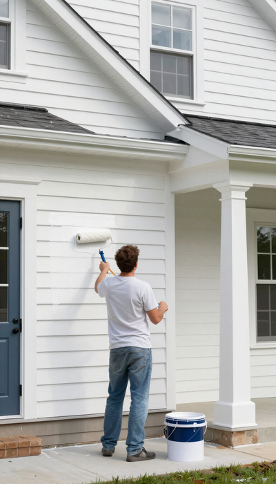 Person painting the exterior of a white house with a roller, bucket on the ground.