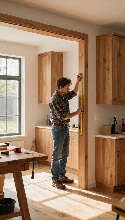 Person installing a wooden cabinet in a sunlit kitchen with tools on the table.