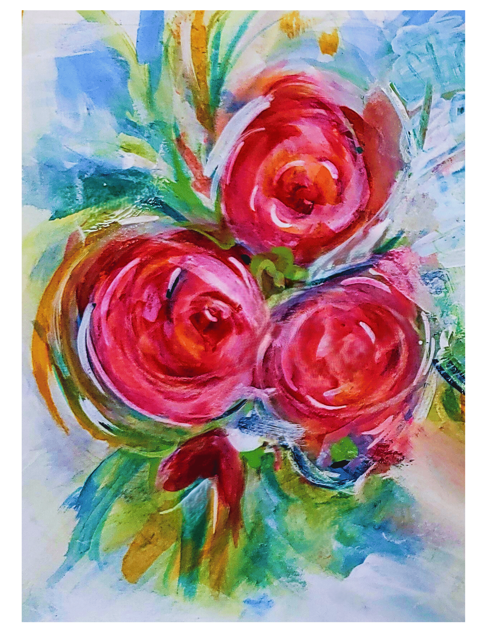 Abstract watercolor bouquet of three red-pink roses with green leaves on a soft blue-white background