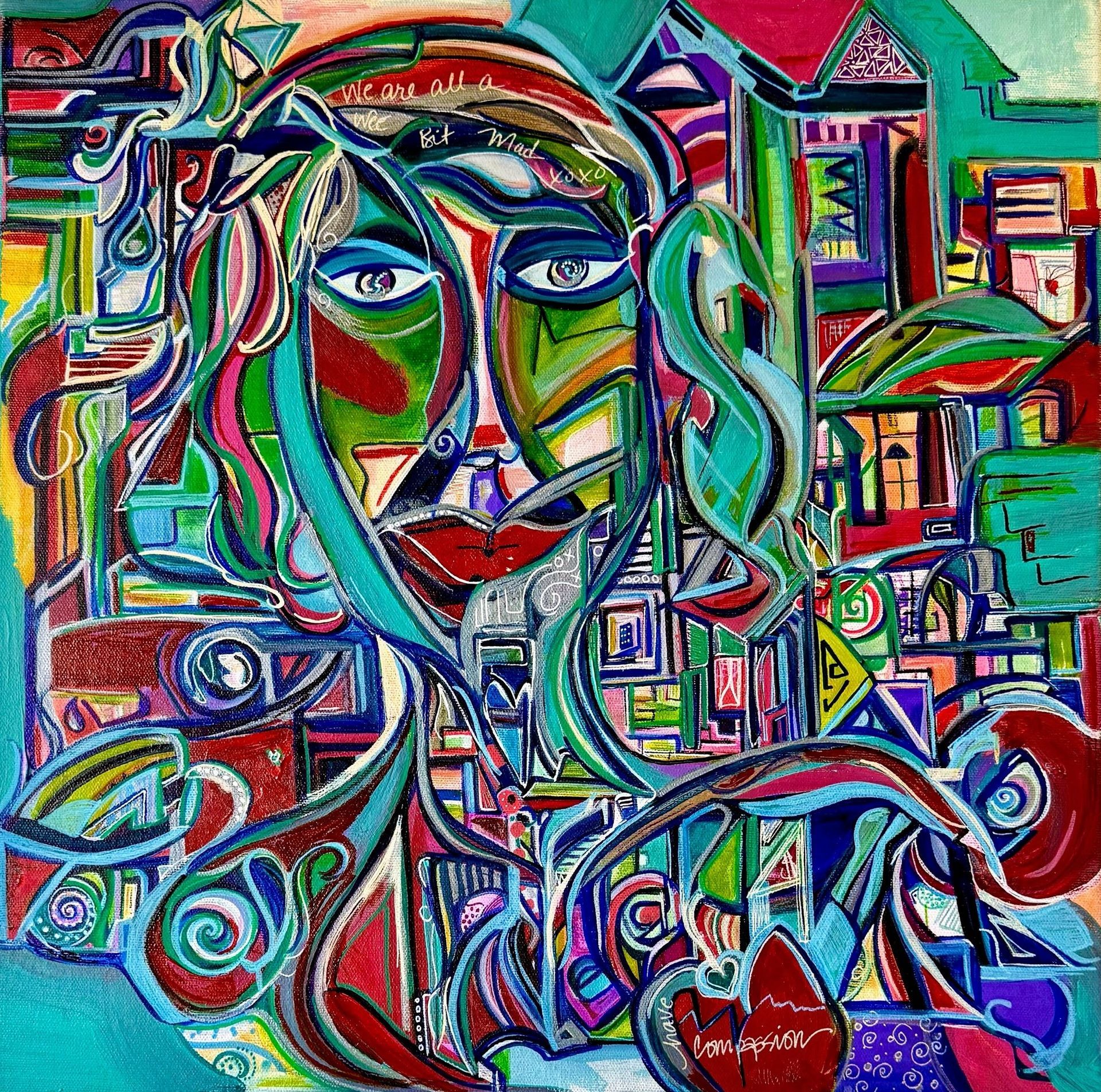 Colorful abstract face with swirling lines, bold reds, greens, blues, and a central smiling expression