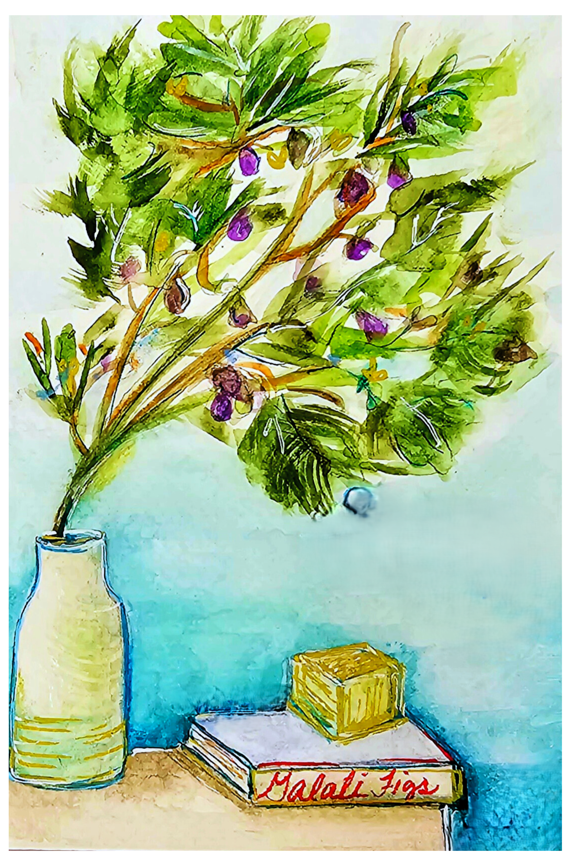 Watercolor still life of a bottle with leafy branches, books, and a small yellow box on a blue background