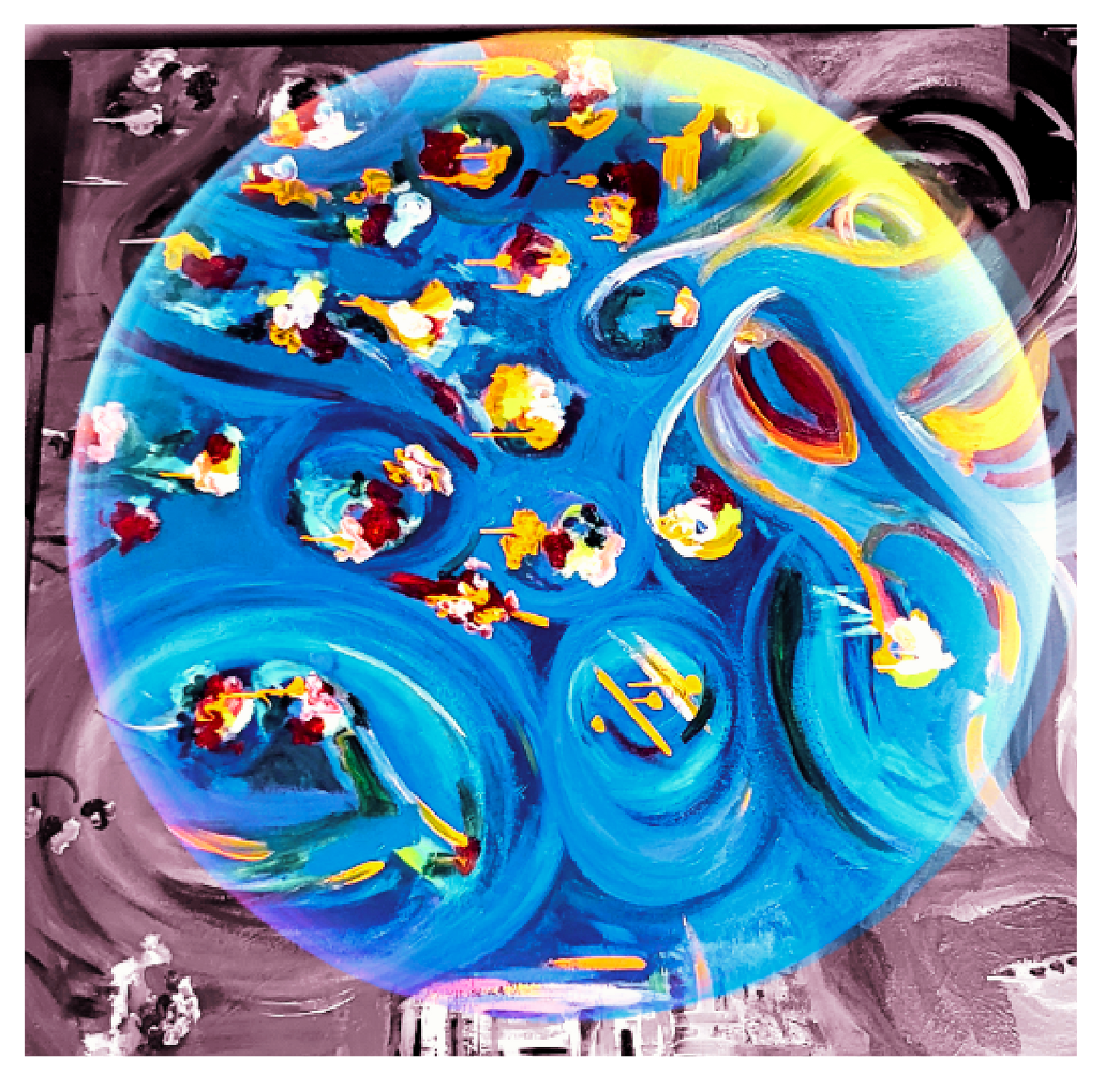 Abstract blue circular artwork with yellow accents and small colorful figures on a dark background