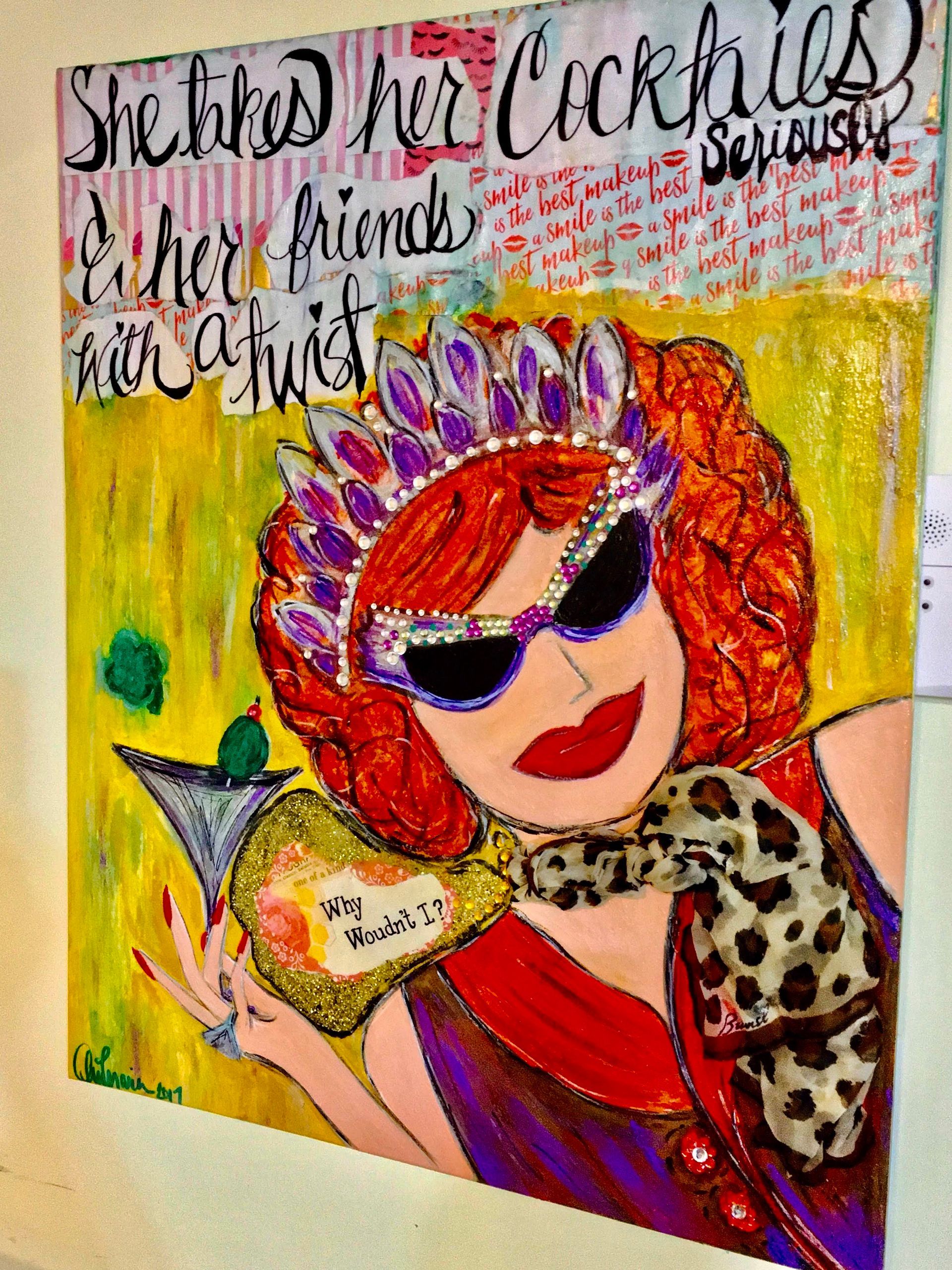 Colorful drawing of a smiling woman with sunglasses, red hair, cocktail, and leopard-print scarf under handwritten text
