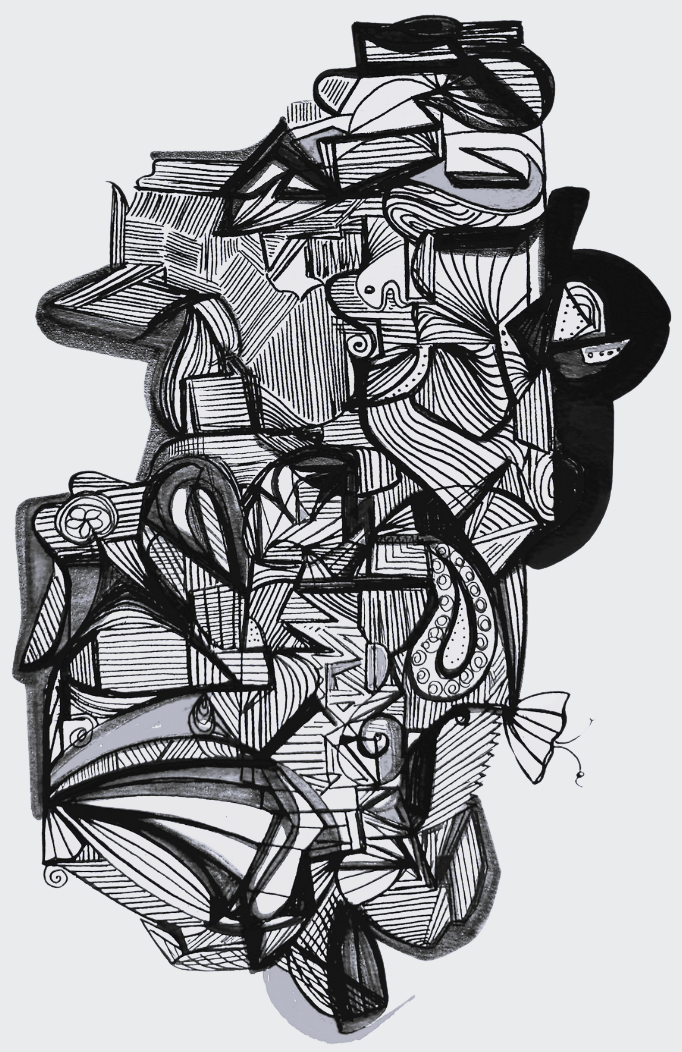 Black-and-white abstract collage of layered geometric shapes and scribbled linework