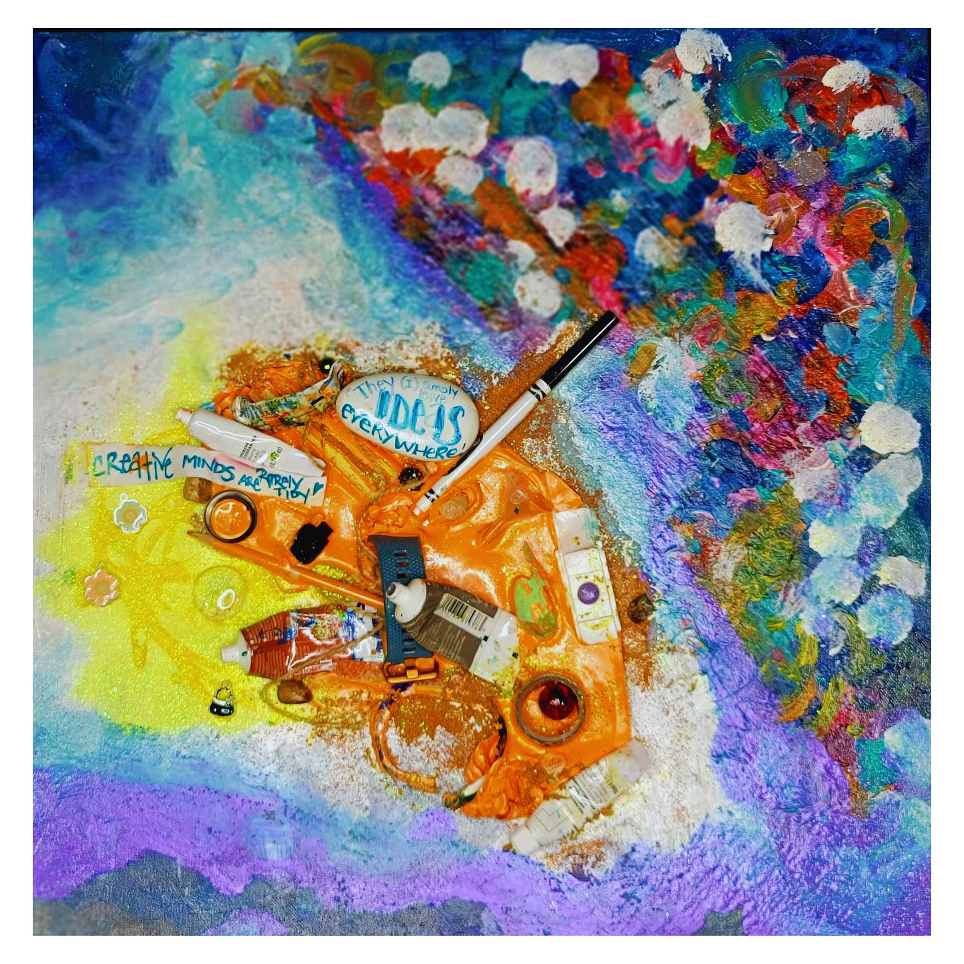 Abstract colorful painting of an orange camera amid swirling blue, purple, and multicolored textured patterns