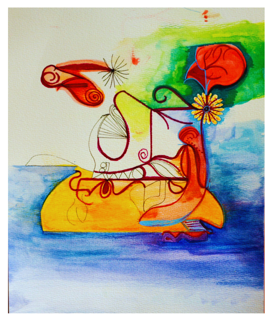 Abstract colorful painting of a sailboat on blue water with red, yellow, and green shapes