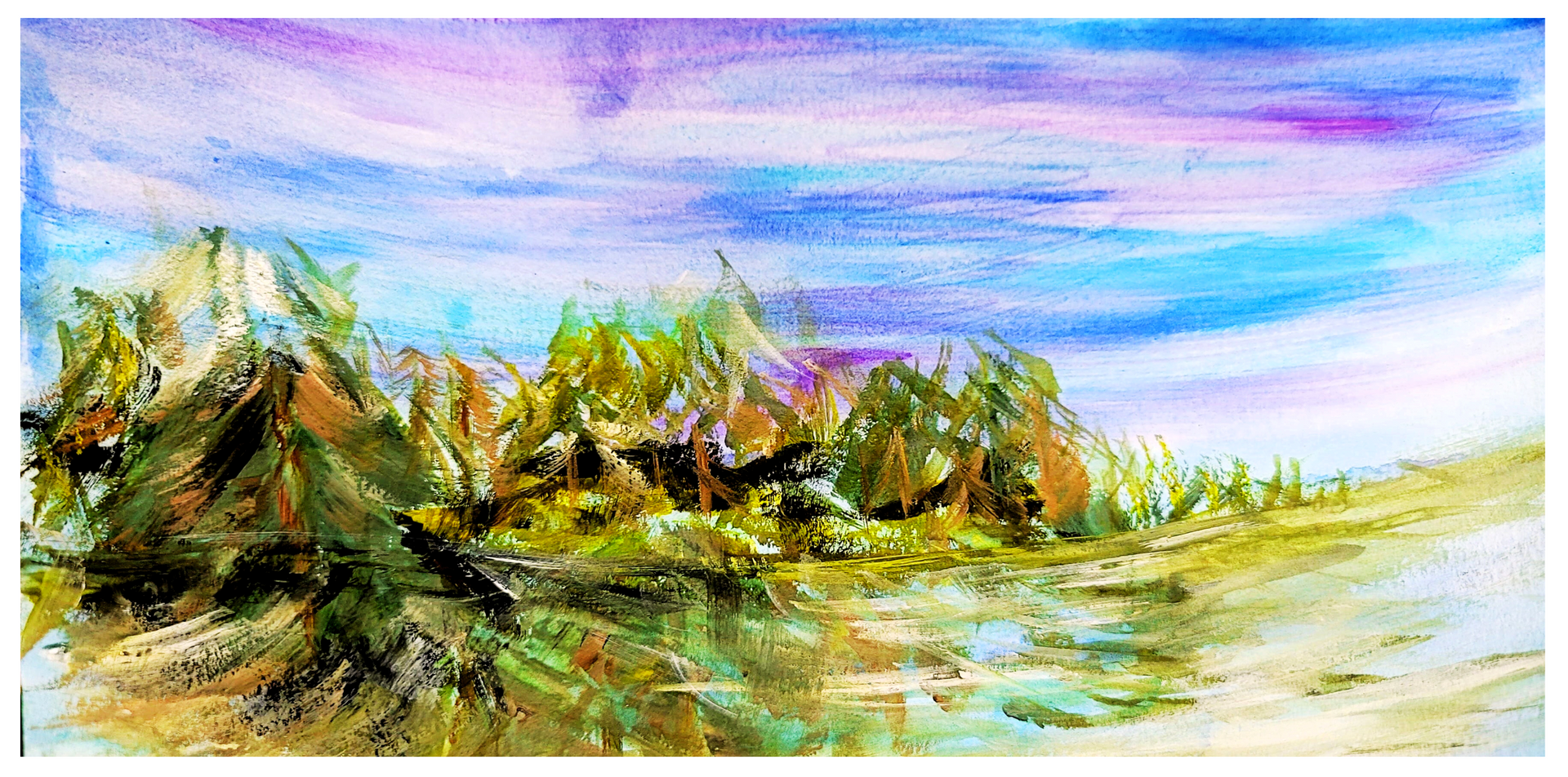 Colorful watercolor landscape with trees, a winding river, and a pastel sky