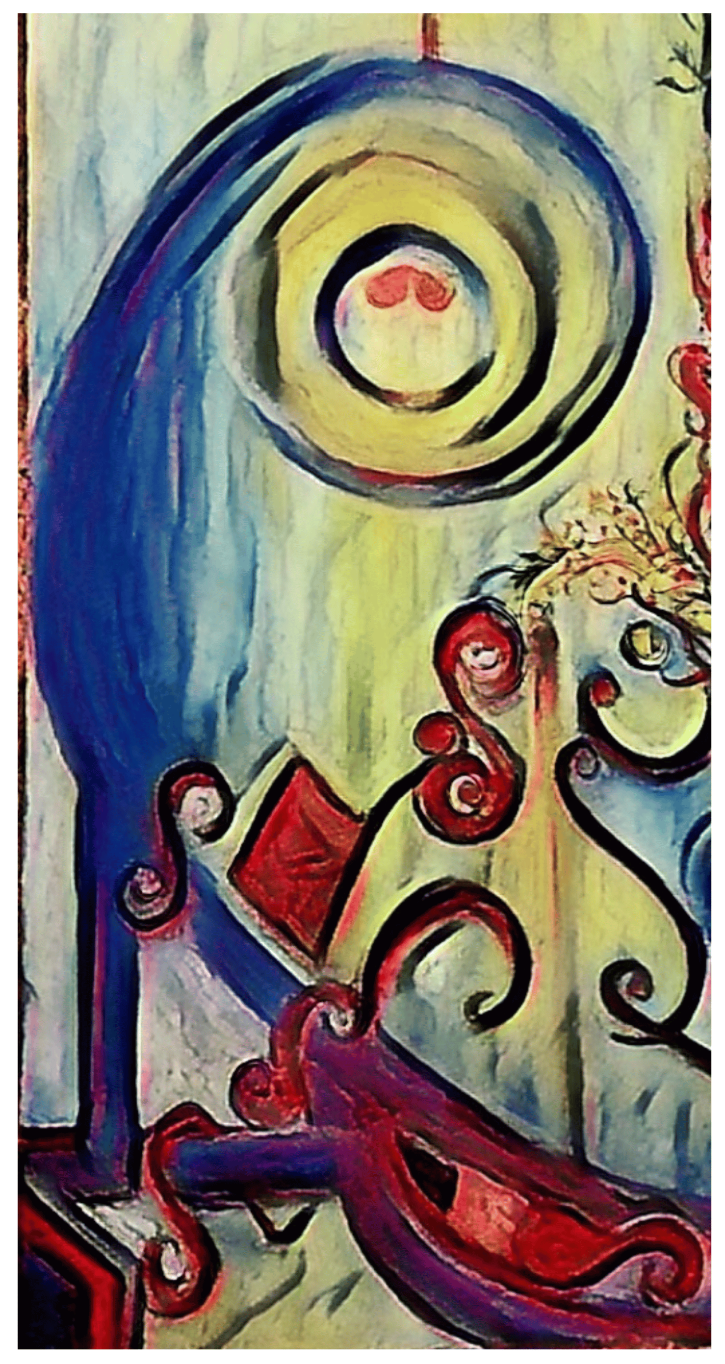 Abstract painting with swirling blue, red, and yellow forms on a light background