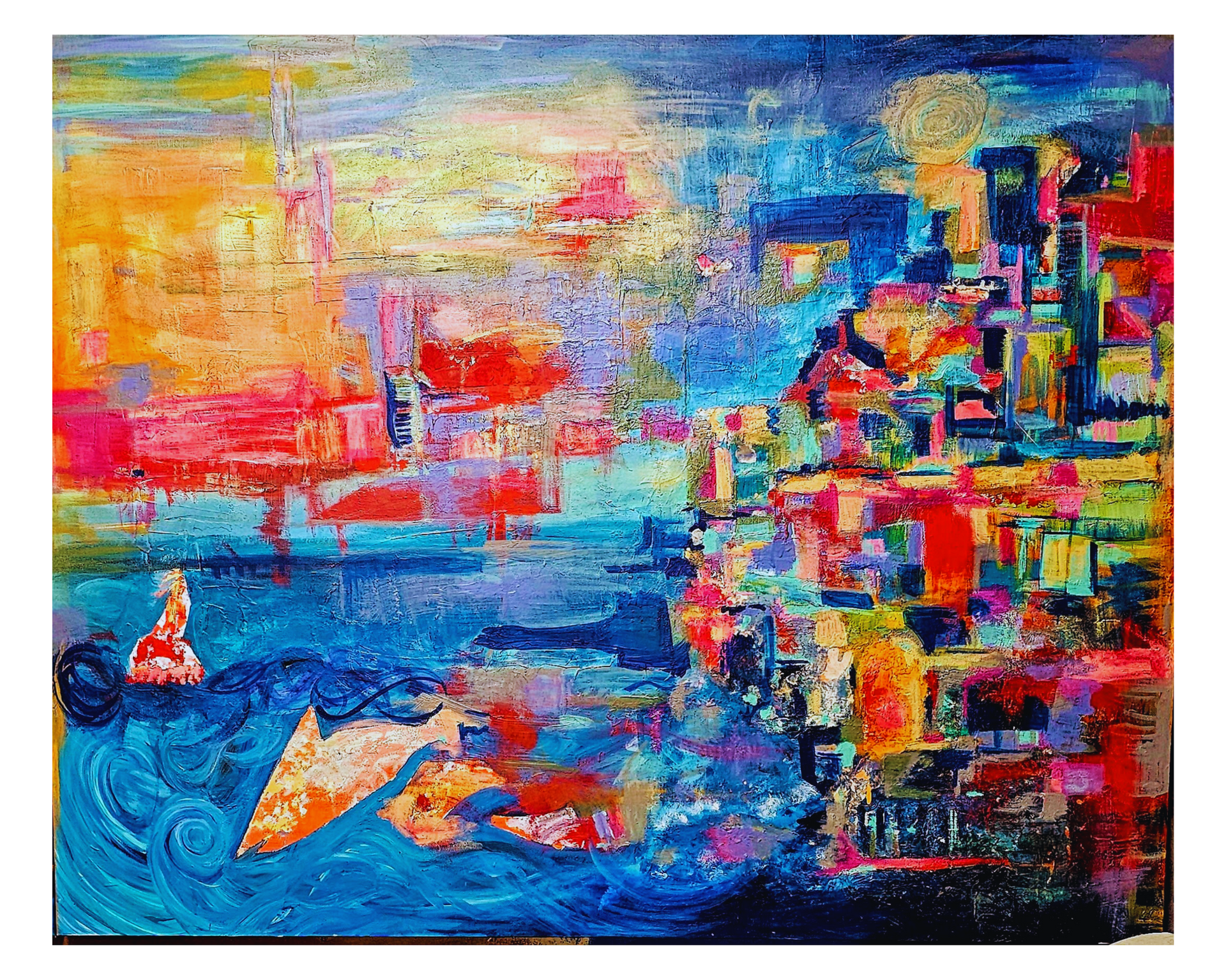 Abstract colorful seascape with boats, a blue ocean, and a bright city skyline under a glowing sky