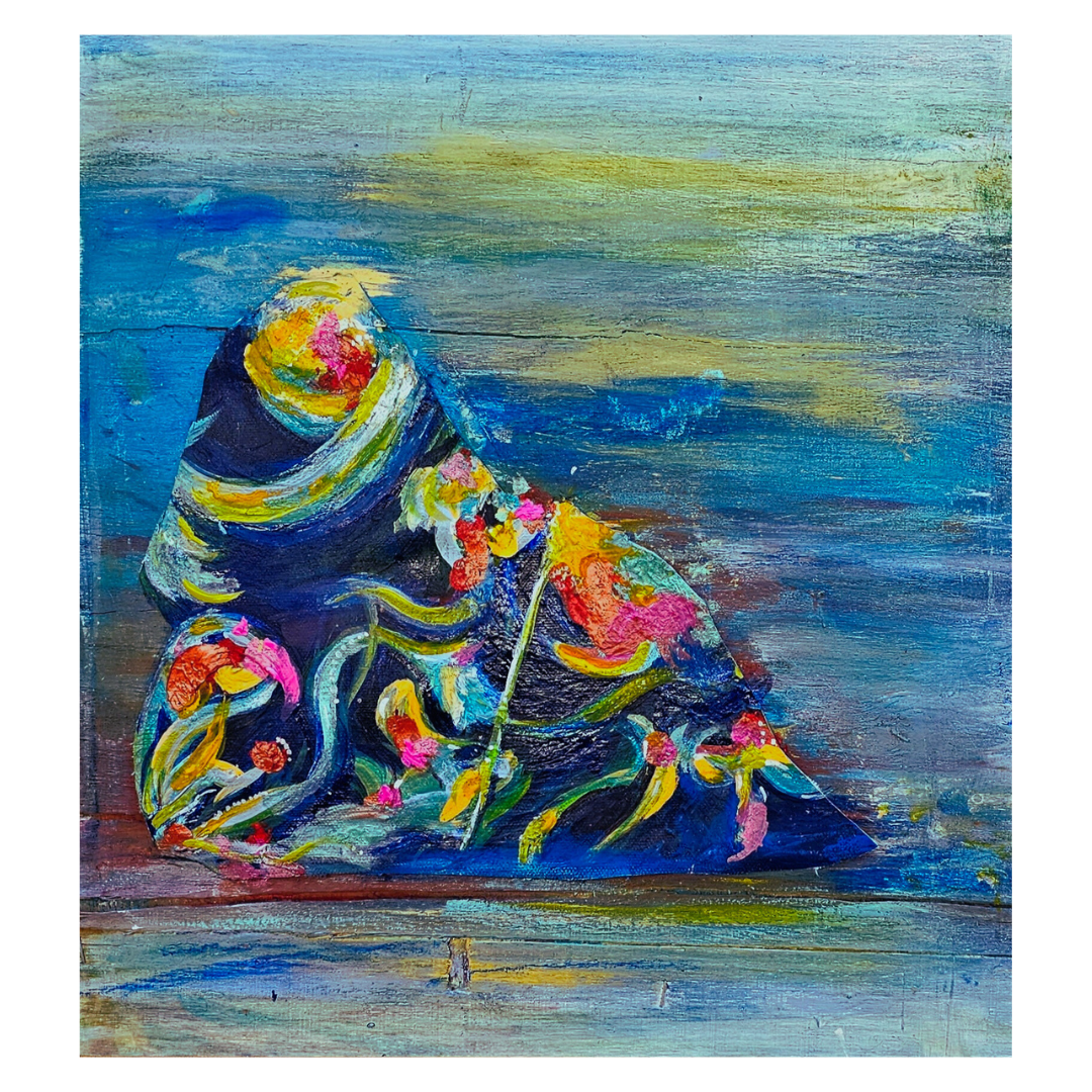 Abstract painting of a colorful conch shell on a blue ocean-like background