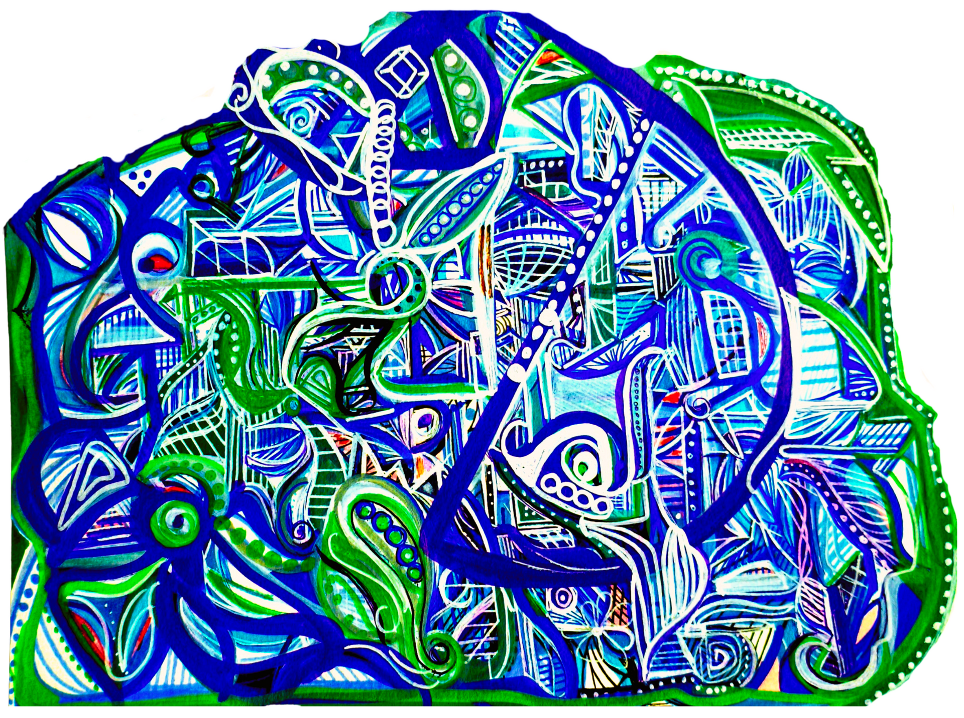 Abstract blue and green maze-like pattern with swirling lines and geometric shapes