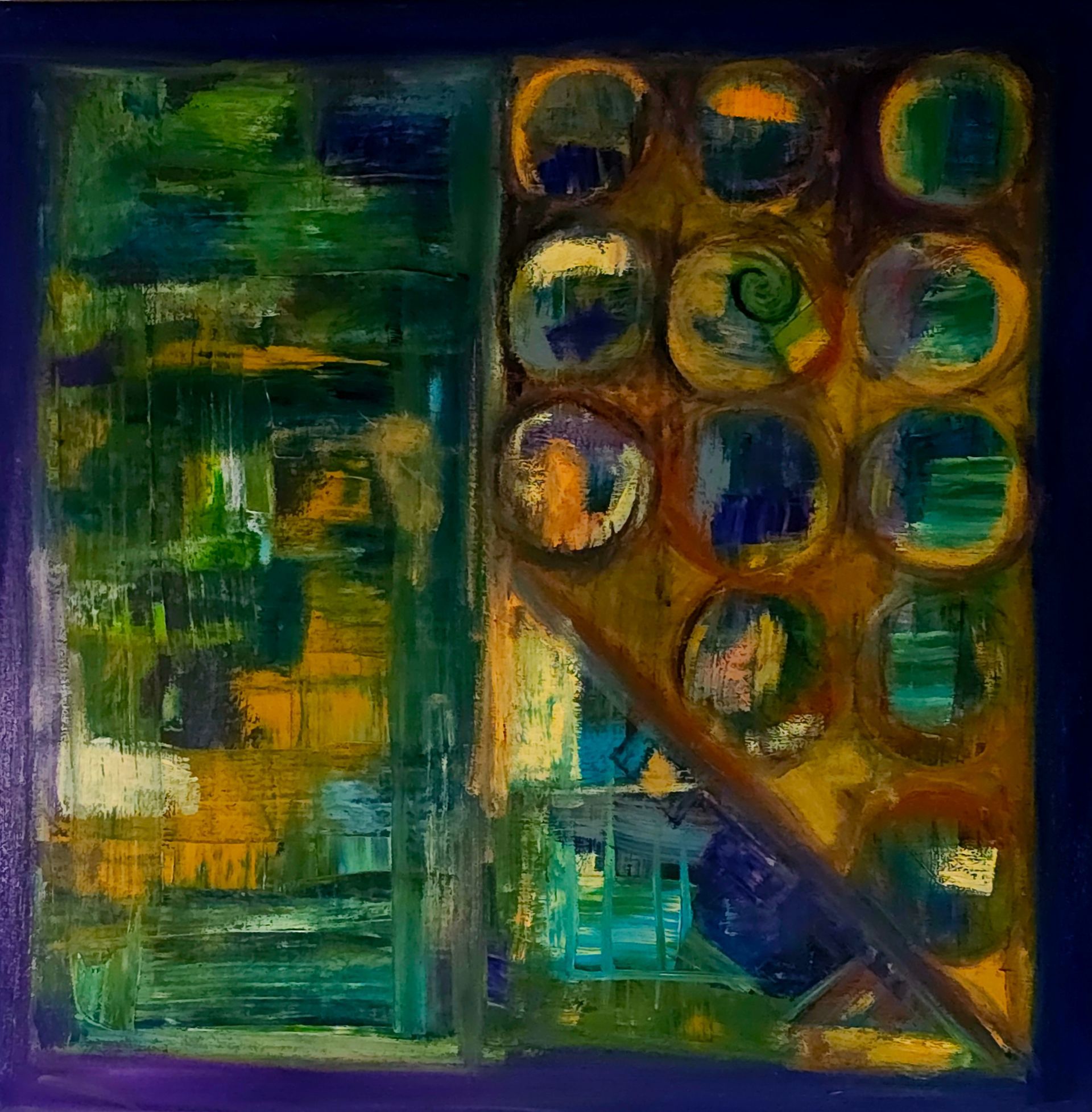 Abstract painting with green, blue, and gold blocks and circular shapes in a divided composition