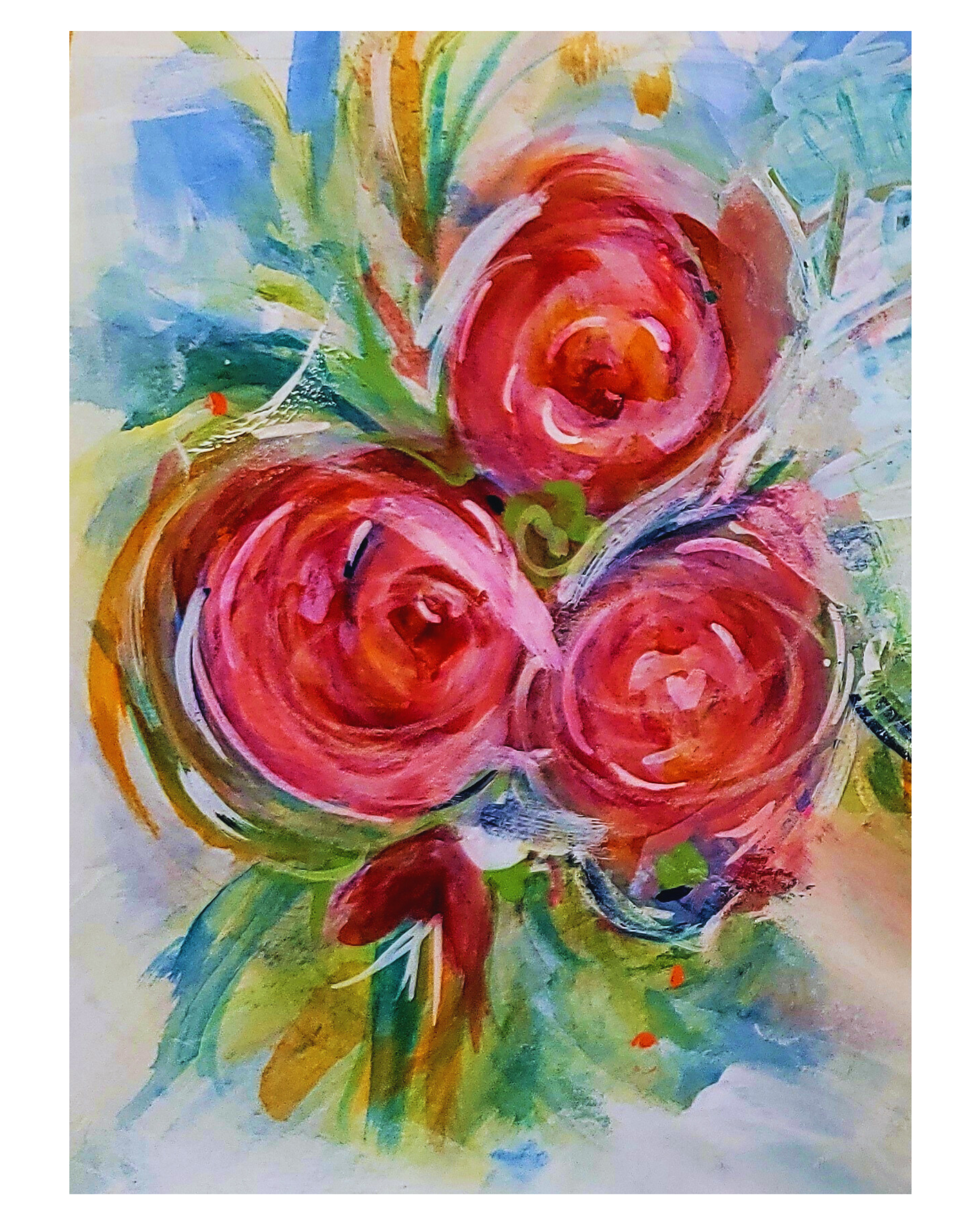 Abstract watercolor of three pink-red roses with green leaves on a soft blue background
