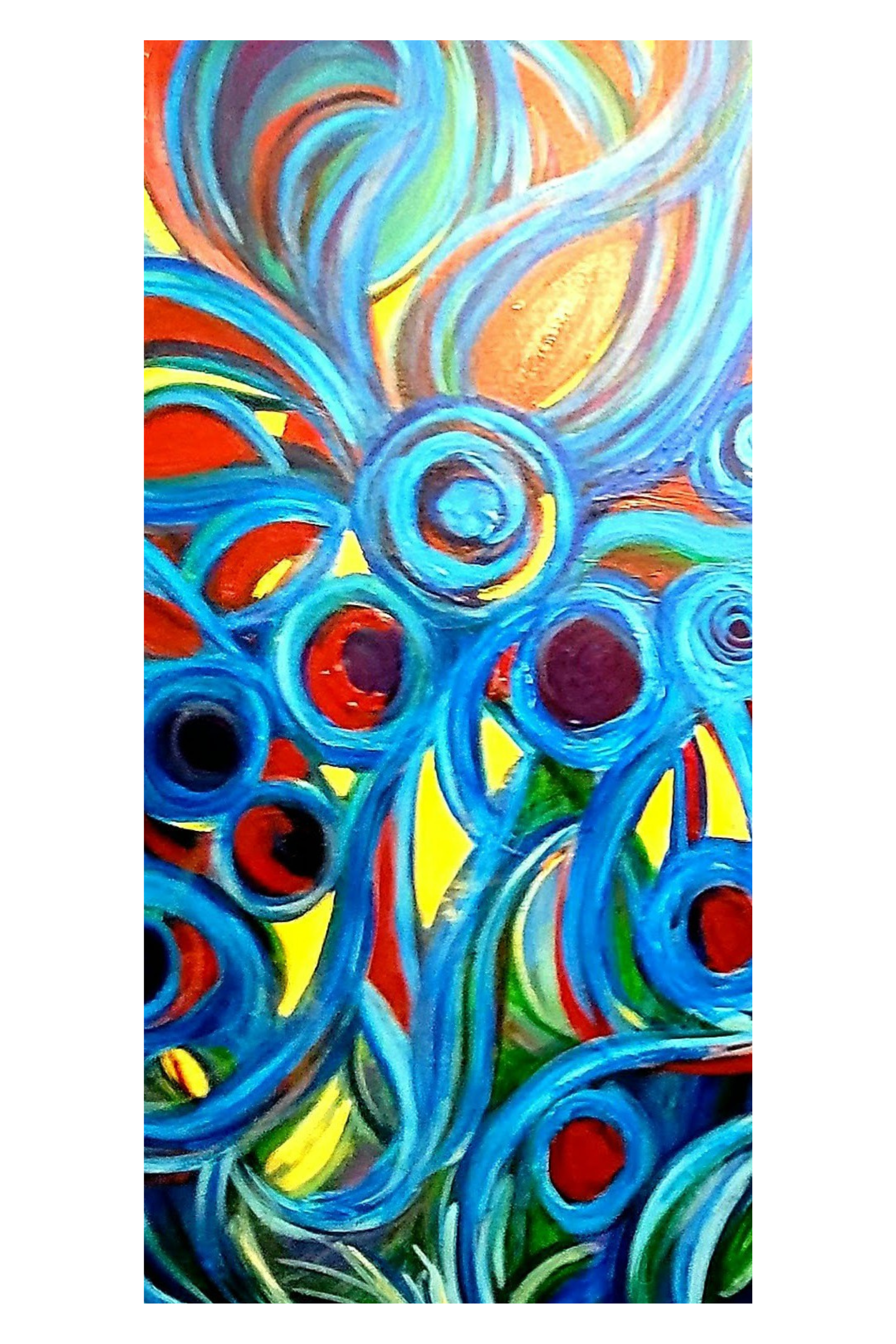 Abstract colorful swirls and circles in blue, yellow, red, and orange on a vibrant painted background