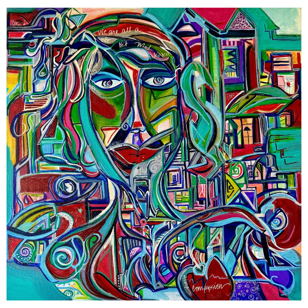 Colorful abstract painting of a face with bold swirls, geometric shapes, and bright reds, blues, and greens