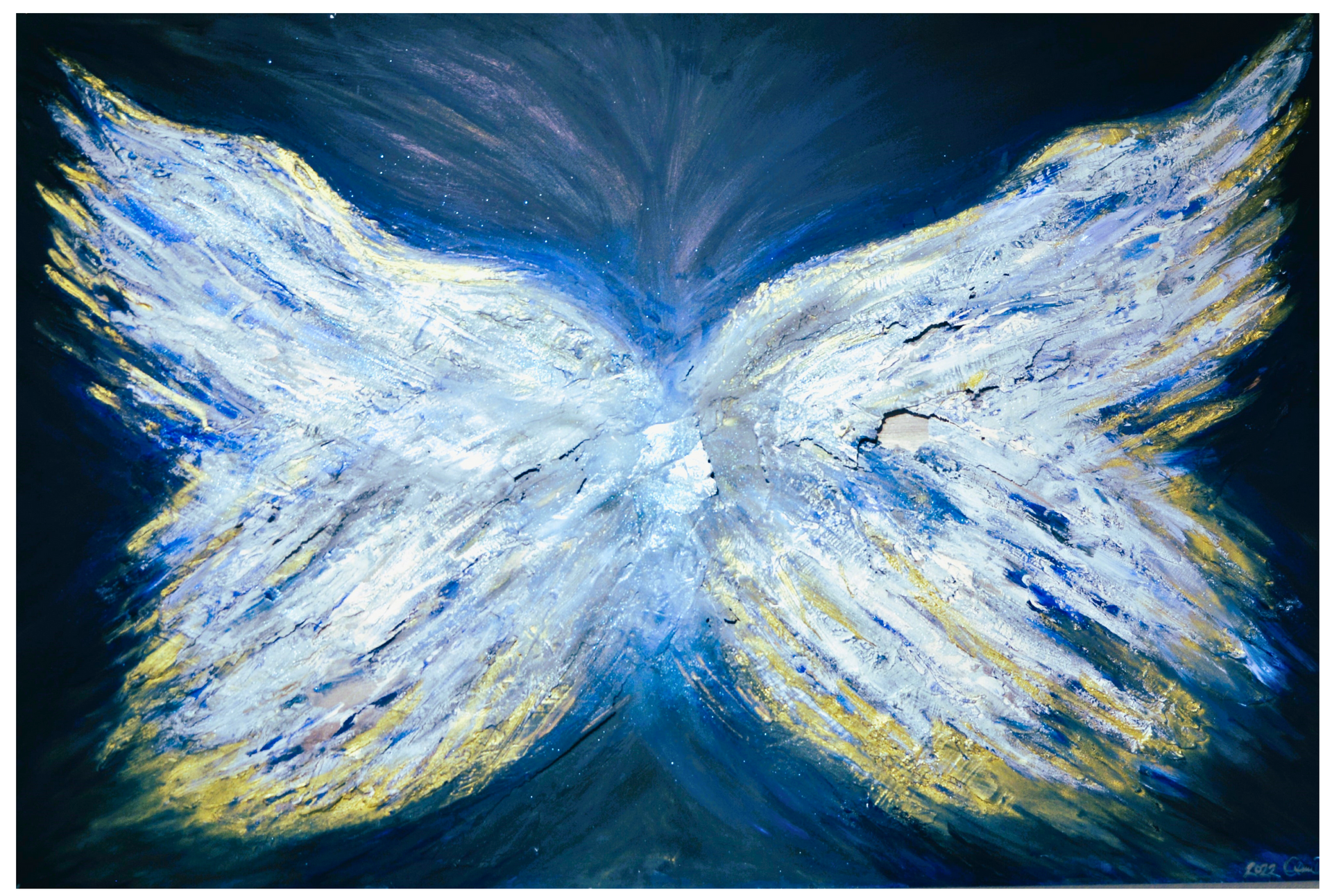 Abstract white angel wings glowing against a deep blue background