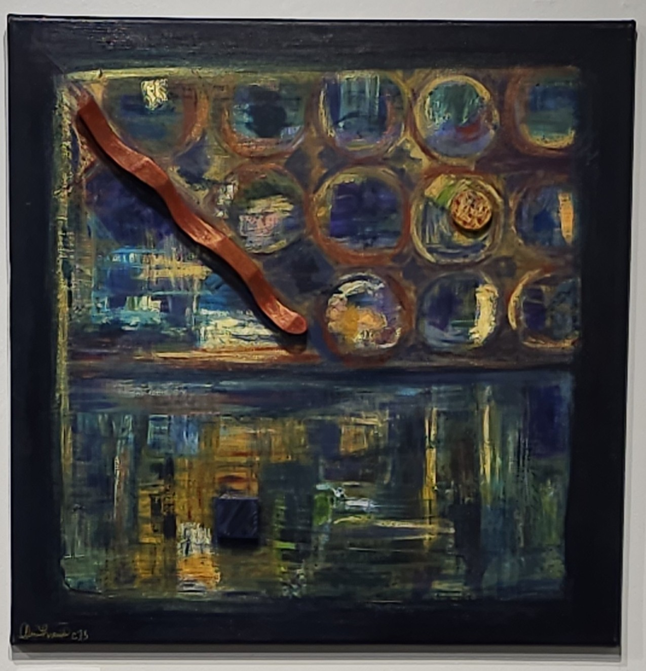 Abstract painting with dark blue and gold circles, a diagonal brown stroke, and a small black square on the bottom left