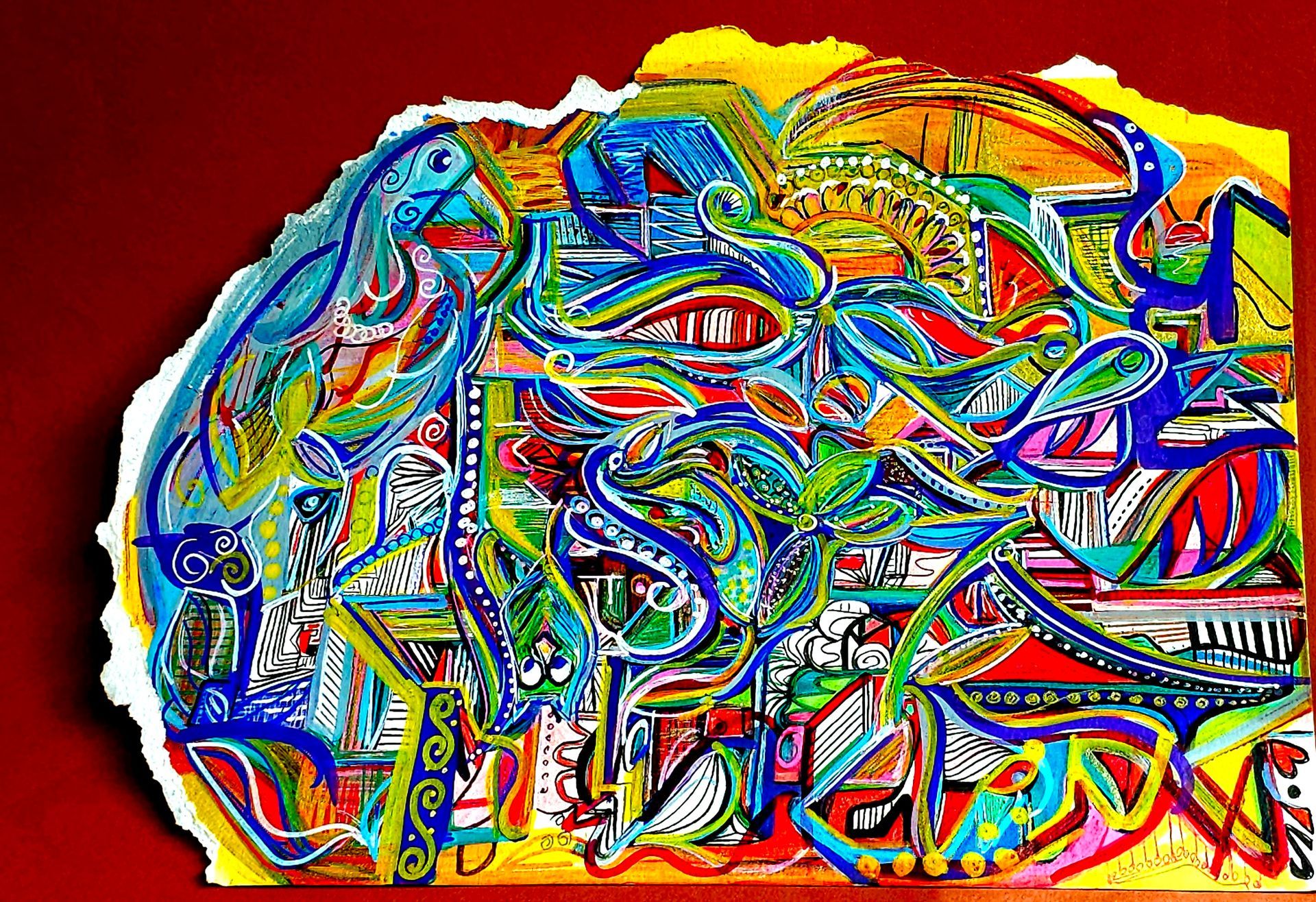 Abstract colorful fish illustration on a red background, packed with layered blue, yellow, and green shapes