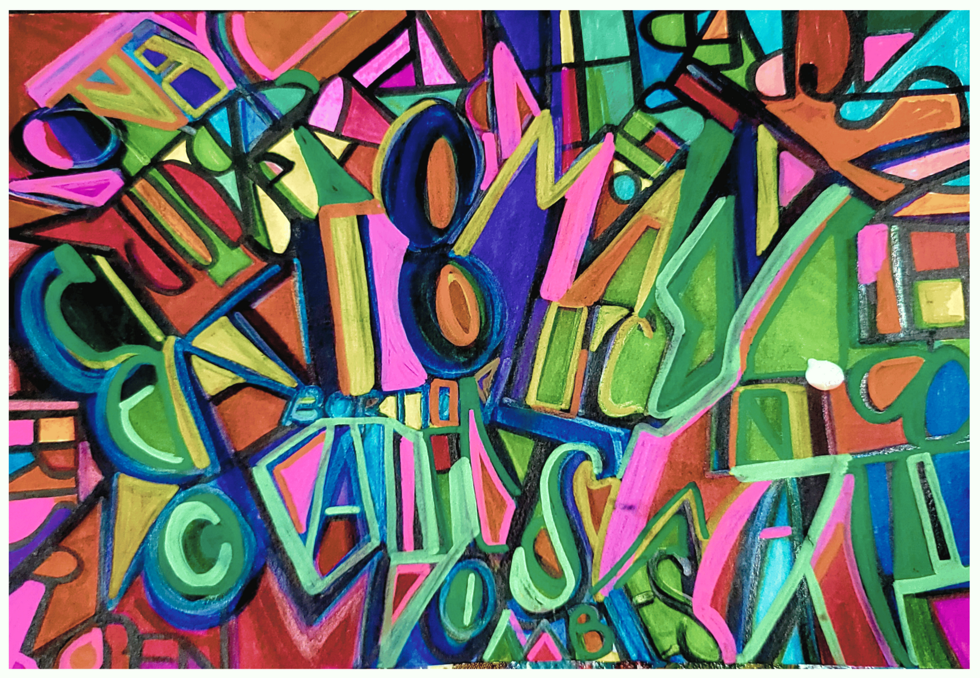 Abstract colorful geometric graffiti with bold pink, green, blue, and yellow shapes and letters