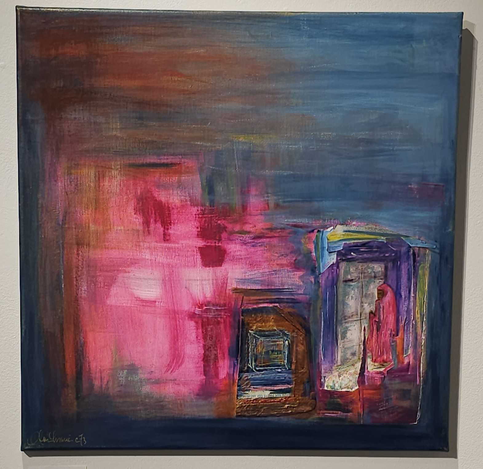 Abstract painting with blue, pink, and brown blocks and layered textured brushstrokes