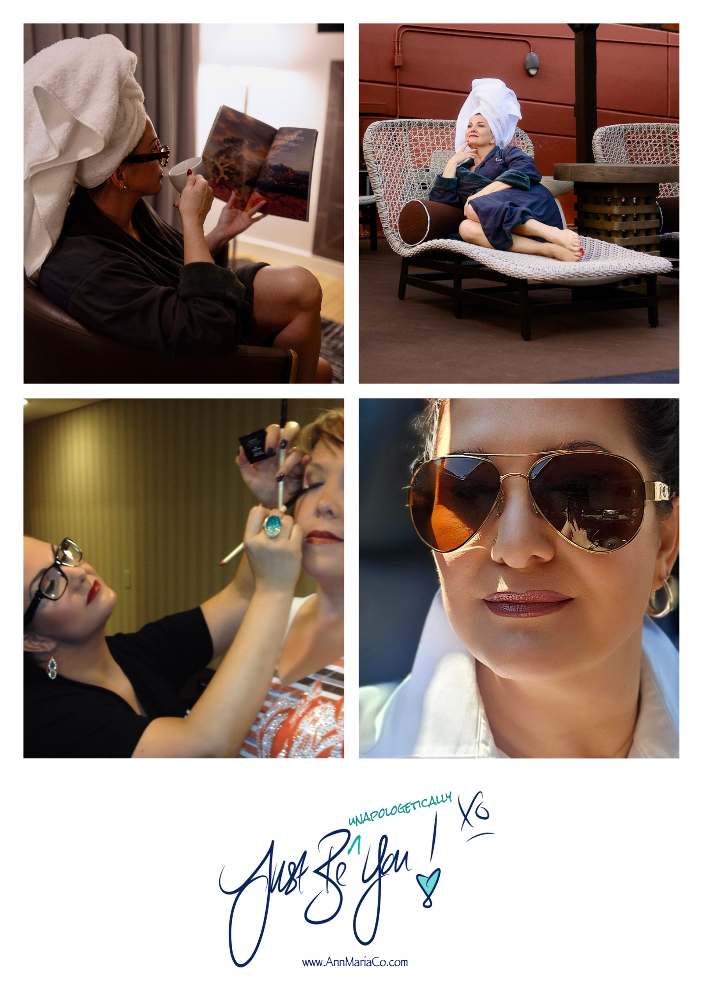 Collage of a woman in a hijab getting ready, posing in sunglasses, and signing a logo on white background
