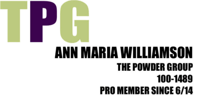 TPG logo with Ann Maria Williamson, The Powder Group, and member info in green and black