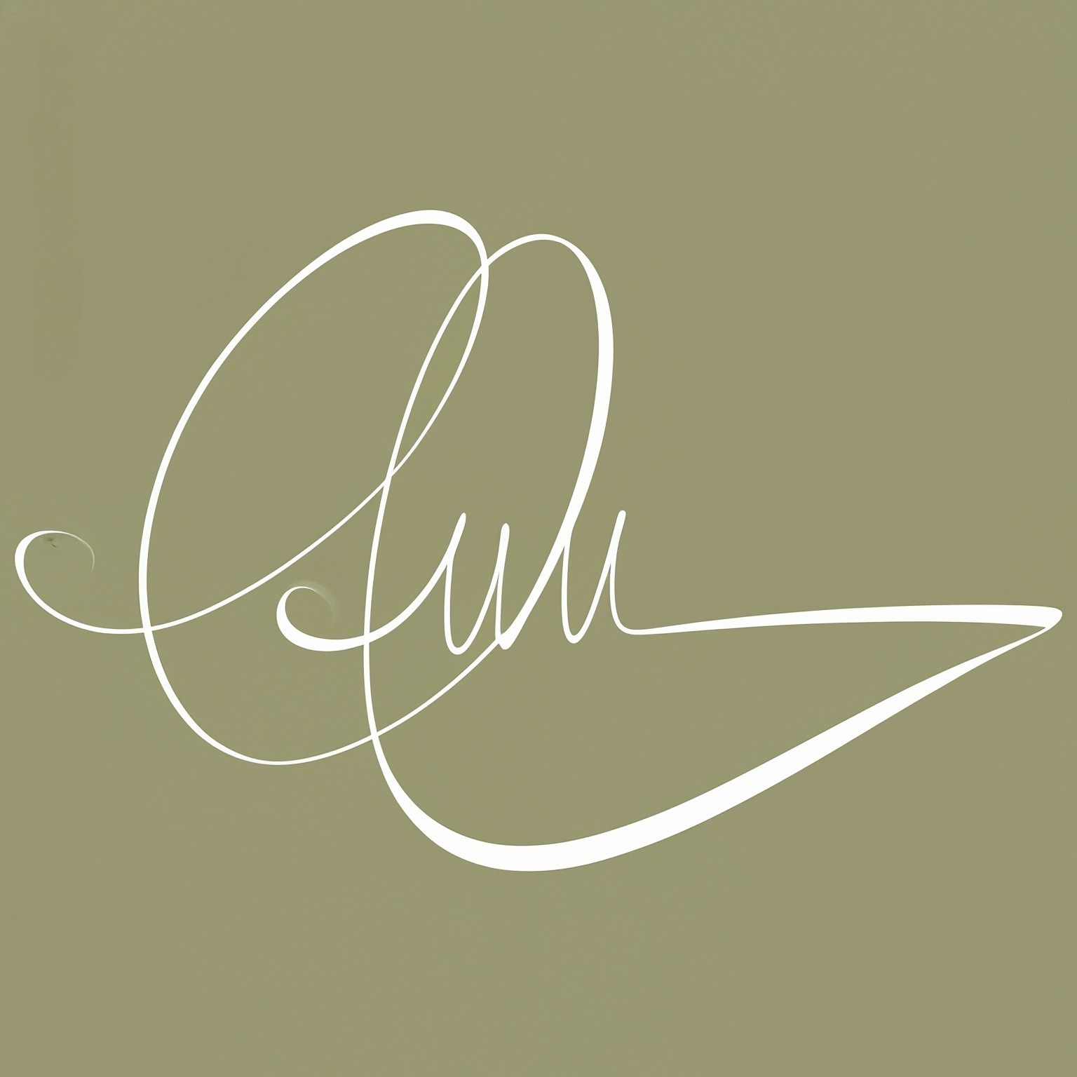 White cursive signature on an olive-green background.