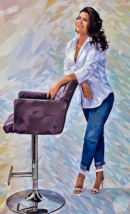 Woman in white outfit and sunglasses posing outdoors with the name “ANN MARIA” below.
