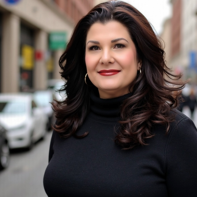 Portrait of a woman in a black turtleneck smiling on a city street