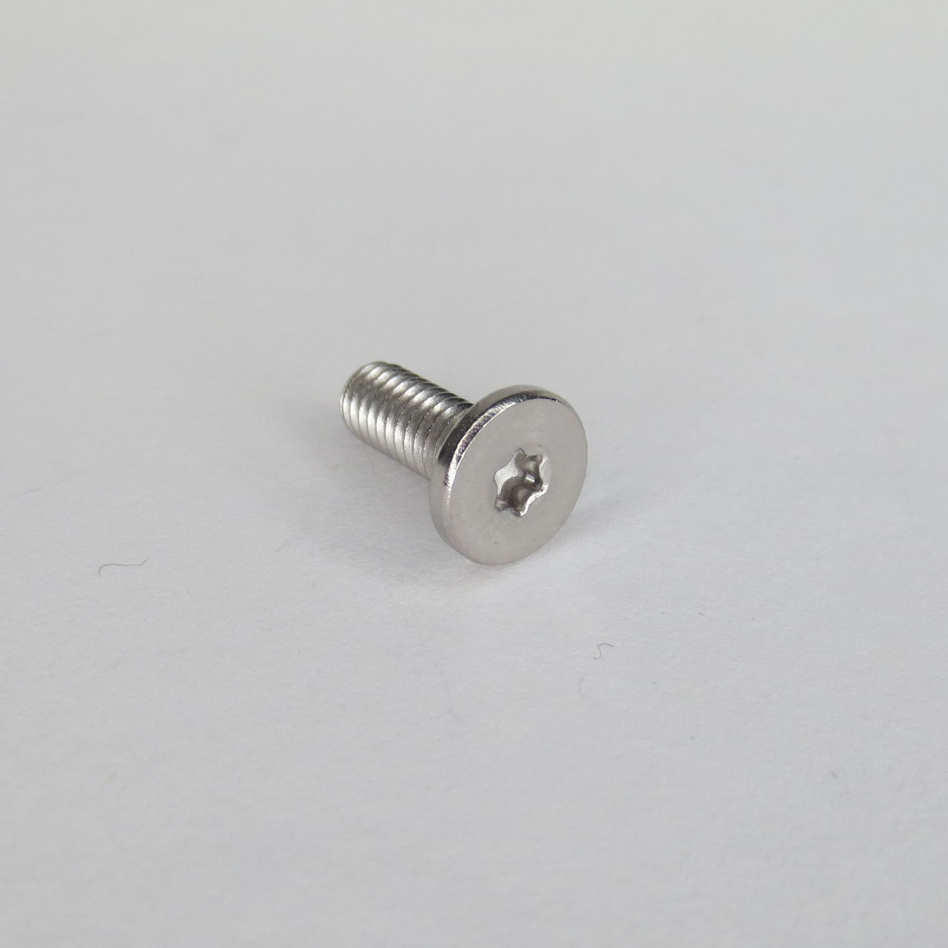 Auf einer weißen Fläche liegt eine kleine Zylinderschraube mit Torx und extrem niedrigem Kopf