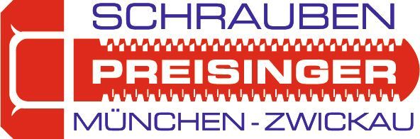 Logo for Schrauben Preisinger, in red and blue with the locations München-Zwickau.