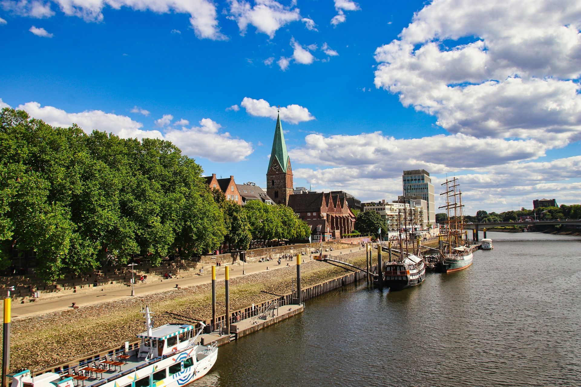 Bremen city centre with river Weser and historic buildings