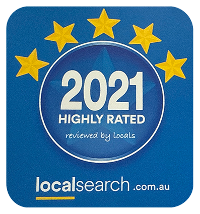 2021 Highly Rated award badge. Blue and white with 5 gold stars. Says