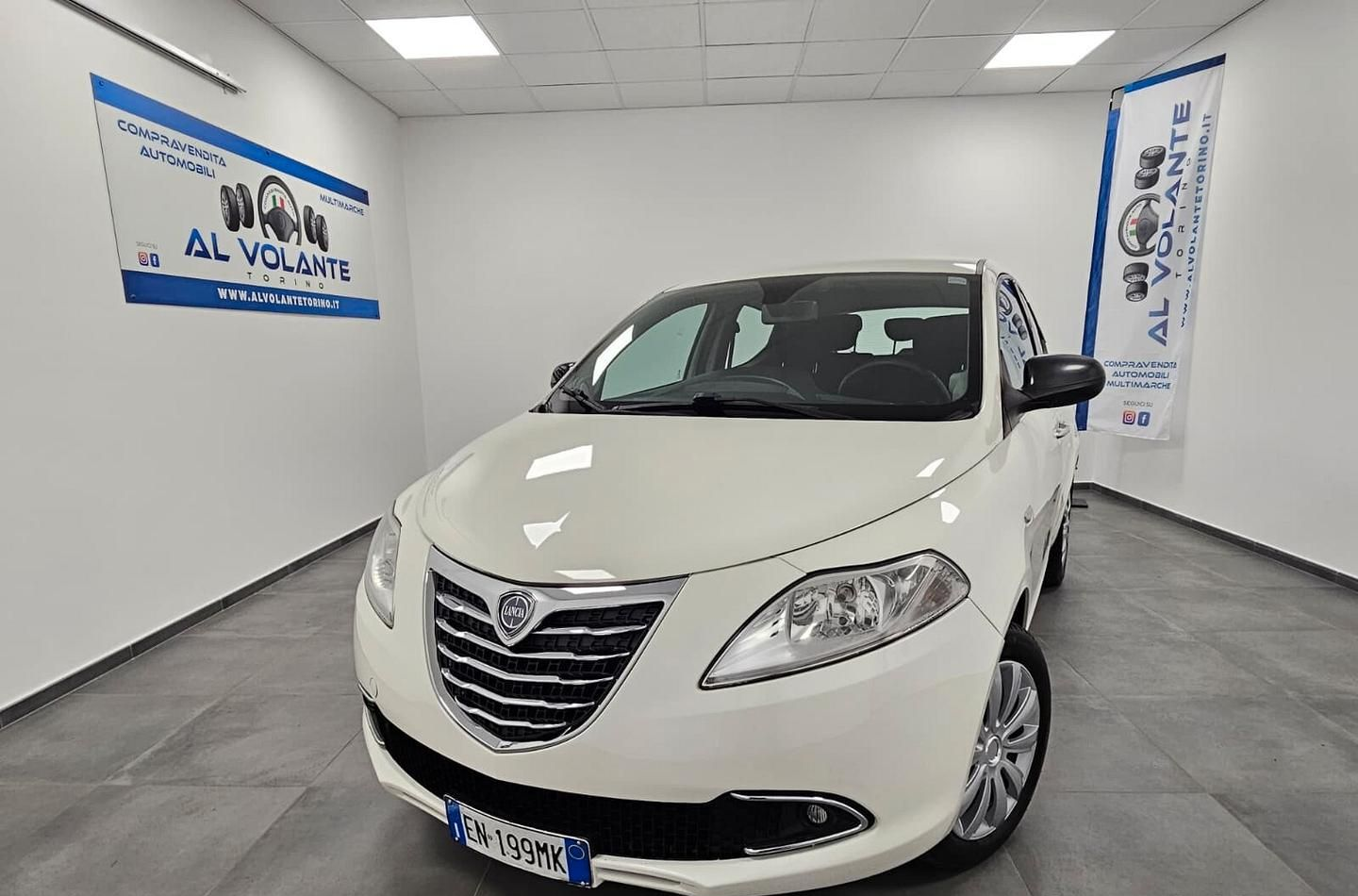 Una Lancia Ypsilon bianca parcheggiata in uno showroom luminoso e asettico, con striscioni promozionali blu e bianchi alle pareti.