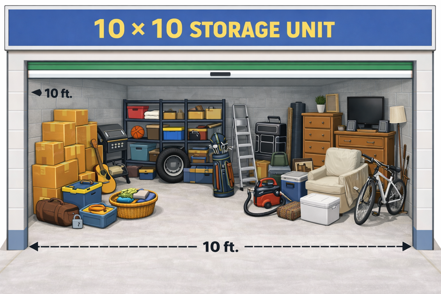 10x10 storage unit filled with various items, including boxes, furniture, and a bicycle.